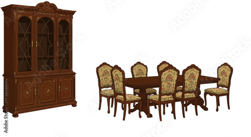 Elegant vintage dining room set with ornate wooden cabinet and floral upholst…