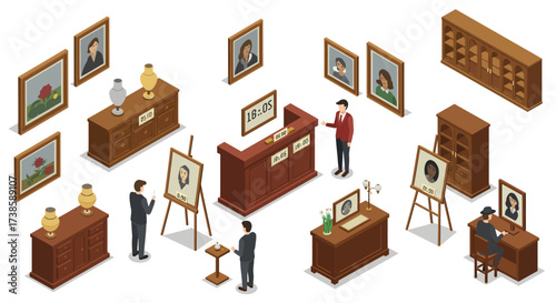 Isometric art gallery scene with paintings and visitors exploring exhibition