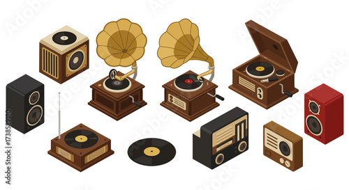 Retro music collection: vintage record players and radios in isometric style