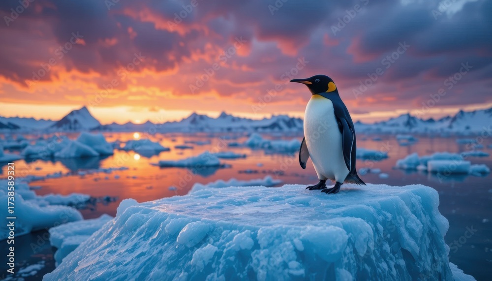 Fototapeta premium Emperor Penguin Standing on an Ice Floe During Sunset in a Remote Antarctic Landscape