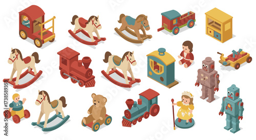 Vintage toy collection with rocking horses and robots in isometric style