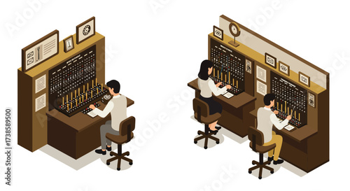 Isometric office workers at vintage telephone switchboard desks