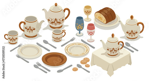 Elegant isometric tableware with floral patterns and classic tea set