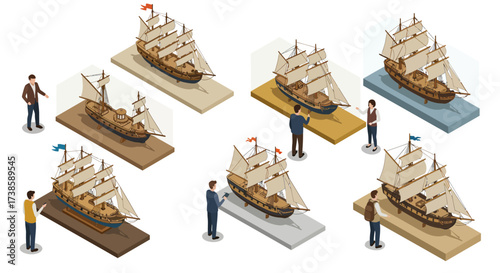 Isometric antique sailing ship models with tiny figures in various perspectives