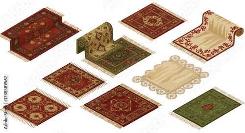 Diverse collection of traditional persian carpets in isometric style