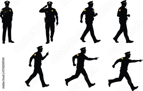 police, officer, worker, silhouette, uniform, hat, salute, pointing, walking, running, authority, law, enforcement, justice, security, protection, occupation, profession, vector, illustration, duty