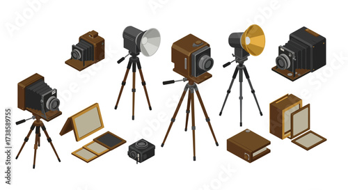 Isometric collection of vintage cameras with tripods and accessories