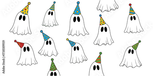 Minimalistic Ghost Doodles with Party Hats on White Background