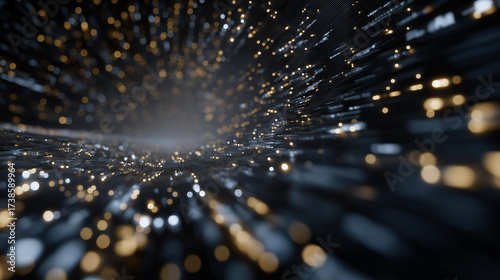 Dark digital tunnel filled with abstract glowing symbols stretching into infinity, representing cyber mystery, encrypted pathways, hidden networks, data secrecy, and the unknown architecture of