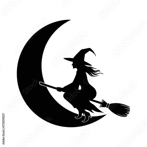 Spooky Silhouette of Flying Witch on Broomstick under Crescent Moon, Vector Illustration