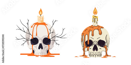 Eerie Halloween Vector with Candle Dripping Wax on Skull