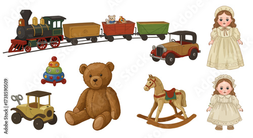 Vintage toys collection with train, dolls, and teddy bear on white background