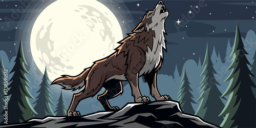 Cartoon Werewolf Howling Under Full Moon, Vector Illustration Scene