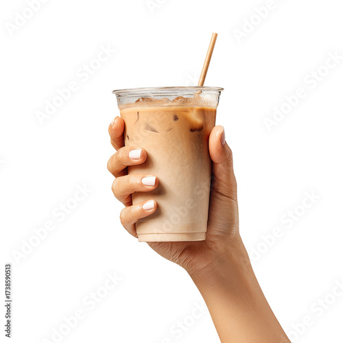 Hand holding iced coffee drink