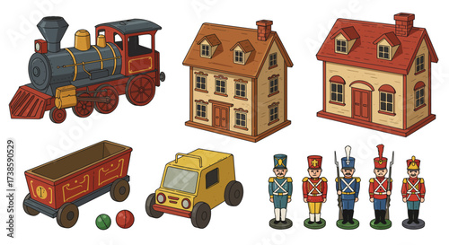 Vintage toys set featuring train, houses, and soldiers in retro style