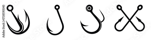 Fishing Hook Icon Set Collection in Black Silhouette Design

