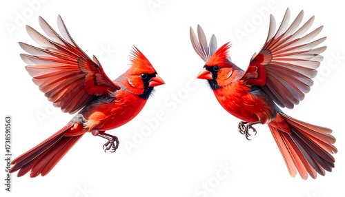 Two vibrantly colored, flying birds showcase striking red plumage, a black mask, and sharp beaks set against a clean, white backdrop, conveying energy