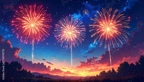 Vibrant anime-style illustration of a fireworks display exploding against a sunset sky with fluffy clouds. A silhouetted treeline is visible