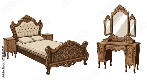 Elegant vintage furniture set with ornate details and carvings