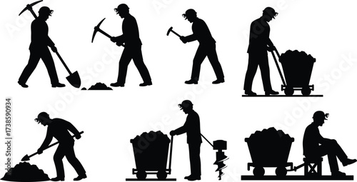 miner, worker, silhouette, pickaxe, shovel, hammer, drill, cart, mining, coal, excavation, labor, occupation, profession, industry, vector, illustration, teamwork, equipment, underground, operation