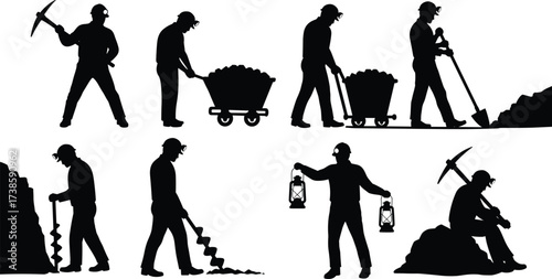 miner, worker, silhouette, pickaxe, shovel, drill, cart, coal, rock, excavation, labor, occupation, profession, industry, vector, illustration, underground, mining, equipment, operation, teamwork