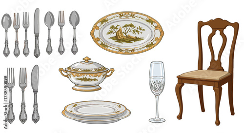 Elegant dining set with vintage silverware and ornate china