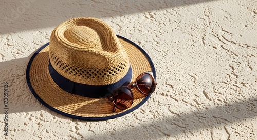 Sun Hat and Sunglasses on Rough Surface Summer Leisure & Vacation Accessories