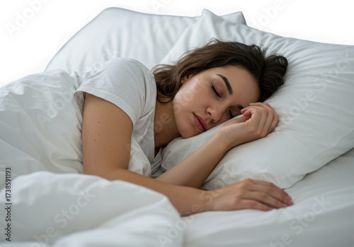 Peaceful woman sleeping in bed isolated on transparent background