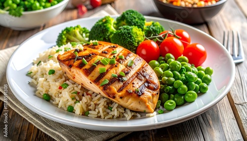 A balanced meal featuring grilled protein, rice, and assorted vegetables arranged on a white plate. The dish sits on a rustic wooden surface, garnished with herbs