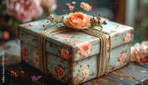 A beautifully decorated gift box, adorned with floral patterns, twine, and an elegant rose, resting on a wooden surface