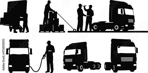 Truck workers silhouettes, logistics, loading, unloading, refueling, transportation, freight, cargo, supply chain, shipping, warehouse, industrial teamwork, distribution, delivery