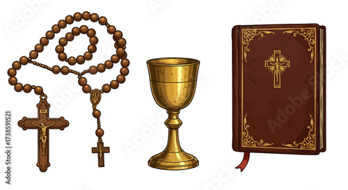 Religious symbols: rosary, chalice, and bible set with detailed cross designs