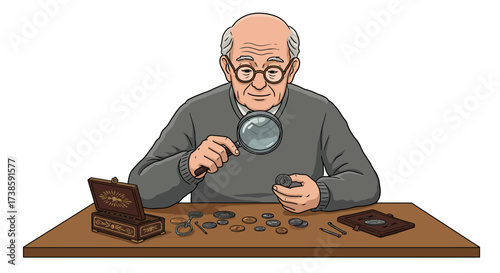 Elderly man examines coins with magnifying glass at table, reflecting hobby a…