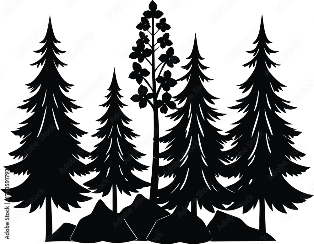 Obraz premium Bluebells Beneath Tall Pines Silhouette | Woodland Flower Vector Design