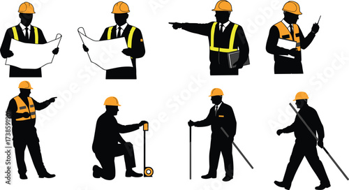 Construction workers silhouettes with hard hats, safety vests, blueprints, clipboards, measuring tools, surveying equipment, supervision, planning, engineering, inspection tasks