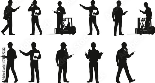 Construction and industrial workers silhouettes with clipboards, walkie-talkies, forklift, supervision, teamwork, logistics, safety, communication, engineering, workplace operations