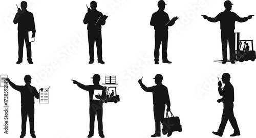 Industrial workers silhouettes with clipboards, walkie-talkies, forklift supervision, communication, inspection, logistics, warehouse operations, construction, teamwork, safety, engineering tasks