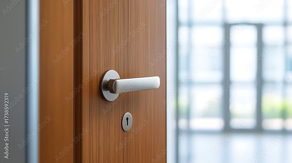 Obraz premium Stylish wooden door with a sleek metal handle, inviting a glimpse into a bright, airy space. Transition from room to room. Modern living concept