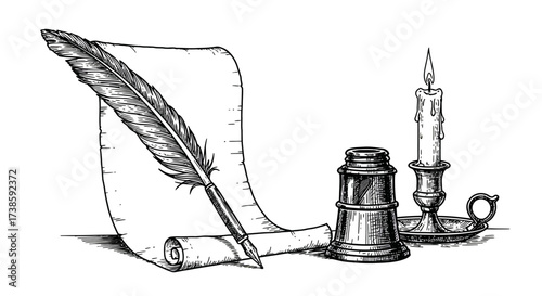 Vintage writing tools: feather quill and ink with candle sketch