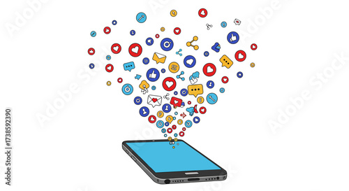Social media engagement explosion from smartphone with interactive icons