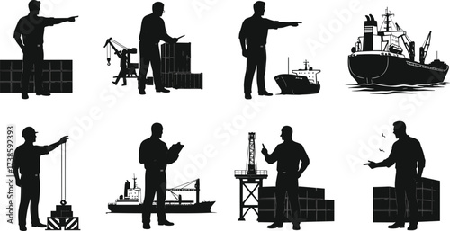 Maritime workers silhouettes with cargo ships, cranes, oil rig, containers, supervision, inspection, logistics, shipping industry, industrial labor, offshore operations