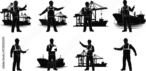 Dock workers silhouettes with cargo ships, cranes, clipboards, supervision, inspection, maritime logistics, shipping industry, teamwork, port operations, container handling