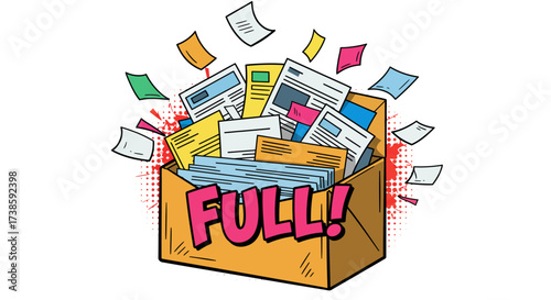 Overflowing box of documents with vibrant comic style design