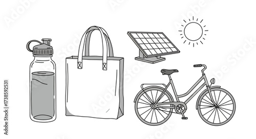 Sustainable living elements: reusable bag, solar panel, bicycle, water bottle