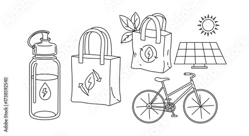 Eco-friendly lifestyle: reusable bags, water bottle, solar panel, bicycle in…
