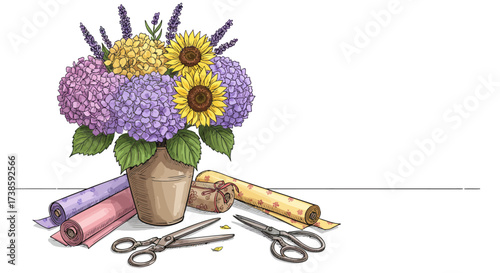 Floral bouquet with hydrangeas and sunflowers on white background with craft…