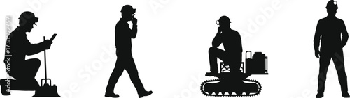 Construction workers silhouettes with hard hats, engineers supervising, surveyor measuring, excavator operator observing, communication, teamwork, building site, industrial safety, project management