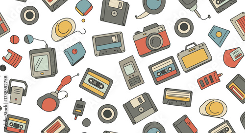 Retro technology pattern featuring gadgets and devices in a flat style