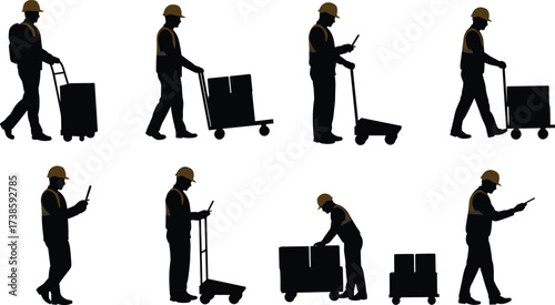 Logistics workers silhouettes with safety helmets, warehouse staff handling packages, delivery service teamwork, cargo management, shipping, distribution, supply chain operations