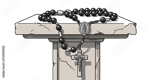 The Rosary and Stone Plinth: A detailed illustration of a rosary draped on a stone plinth. The rosary's beads, cross, and religious emblem are central, symbolizing faith and devotion.